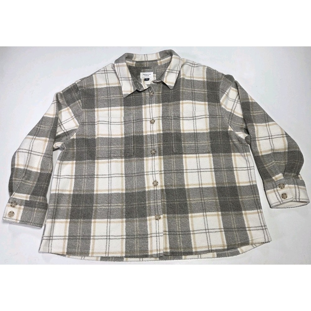 AE Cozy Fleece Plaid Button Front Shacket Neutral Grey Cream Fall Layer